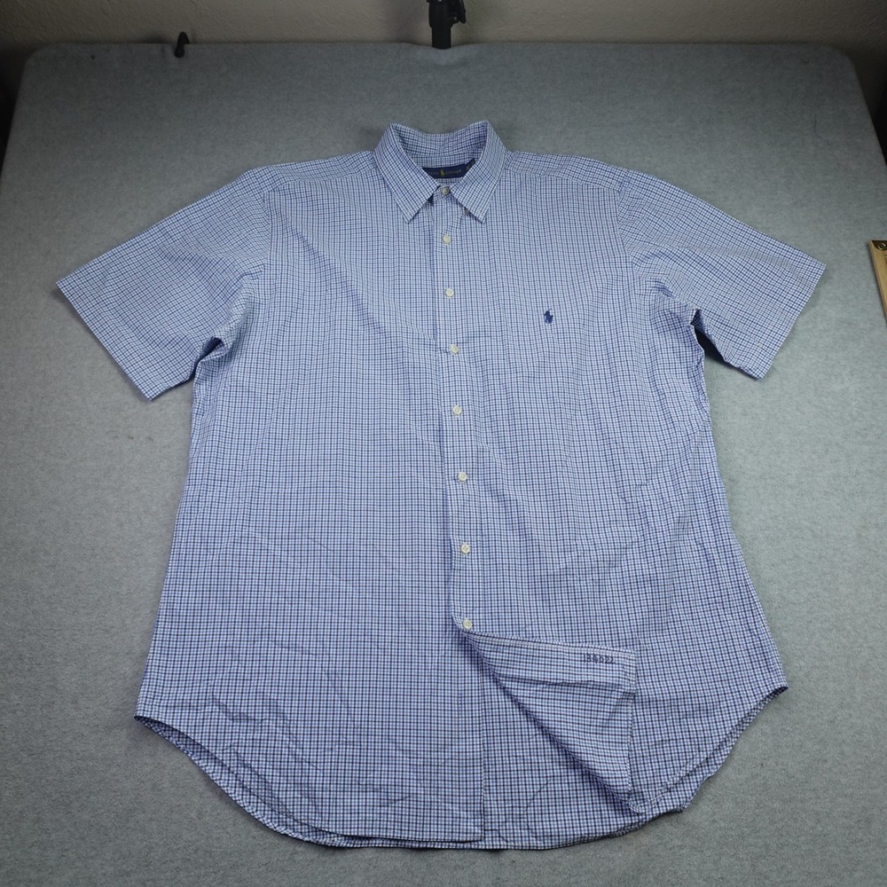 Ralph Lauren Shirt Mens XLT Blue Gingham Button Front Short Sleeve Tall Pony